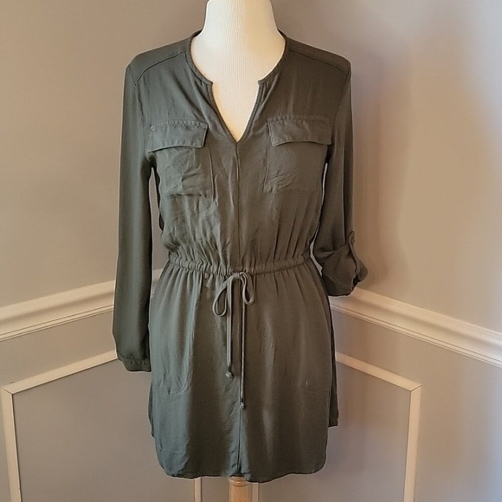 GAP Olive Green V-Neck Long Sleeve Tie Waist Casual Safari Mini Shirt Dress XS